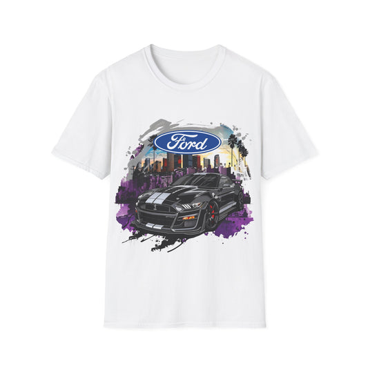 Ford Mustang Graphic T‑Shirt — Black Muscle Car Cityscape Design