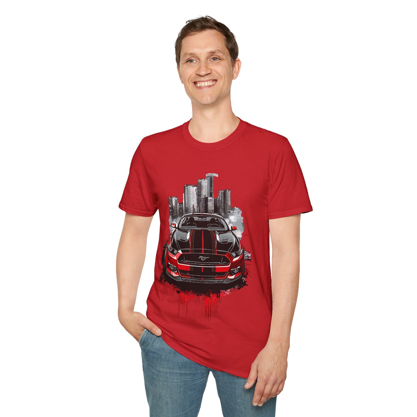 Mustang Car Cityscape T‑Shirt — Red Mustang Front Graphic