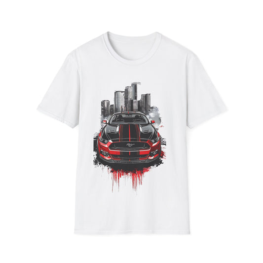 Mustang Car Cityscape TโShirt โ Red Mustang Front Graphic