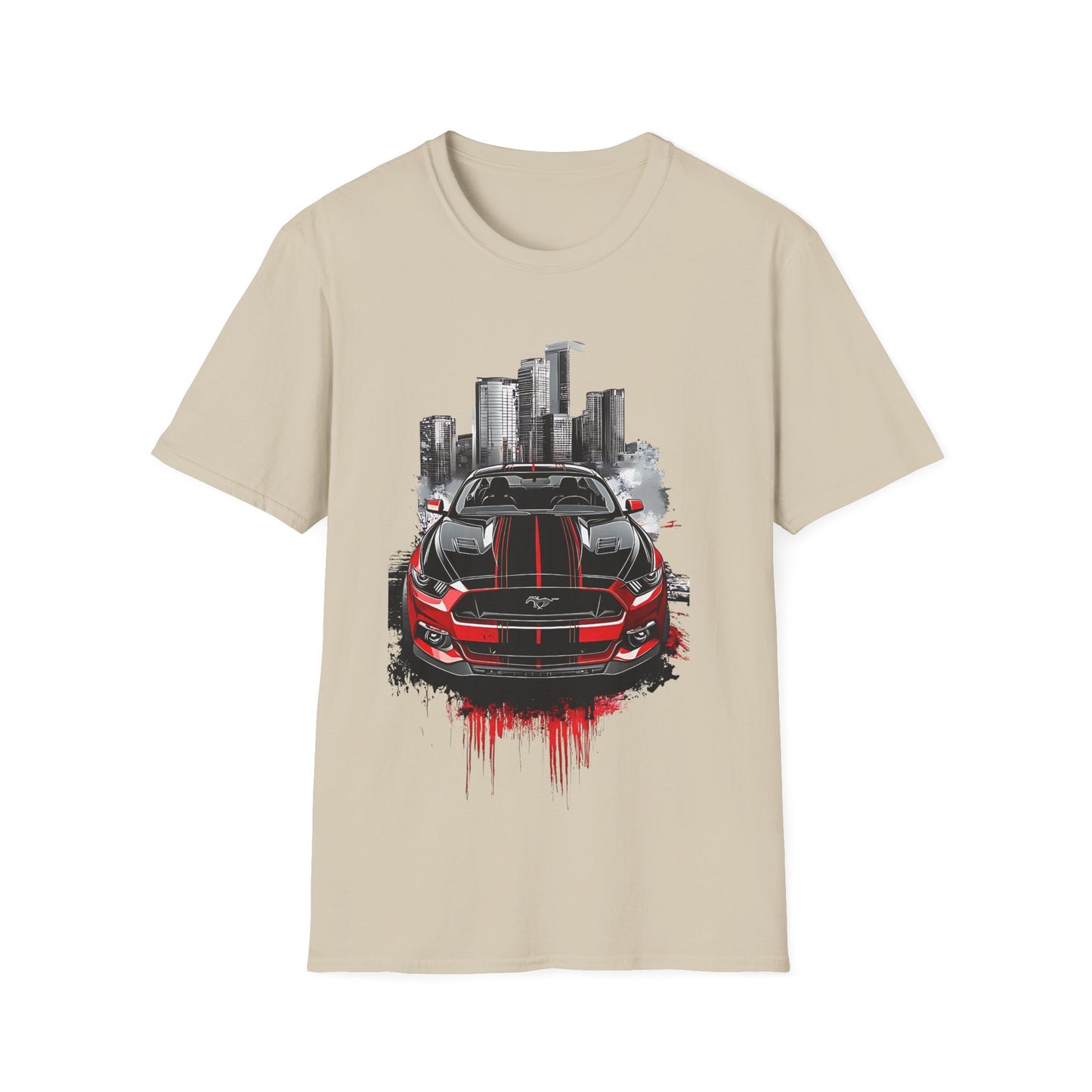 Mustang Car Cityscape T‑Shirt — Red Mustang Front Graphic