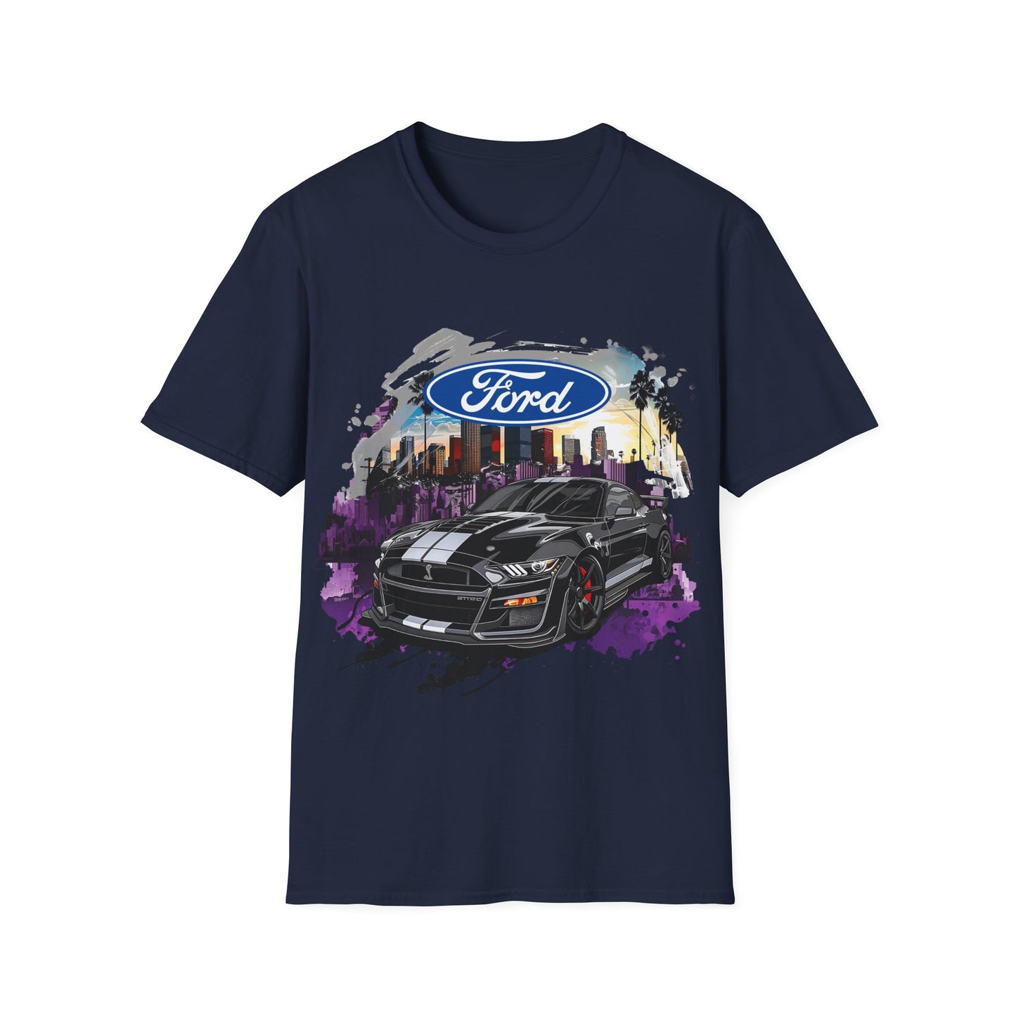 Ford Mustang Graphic T‑Shirt — Black Muscle Car Cityscape Design