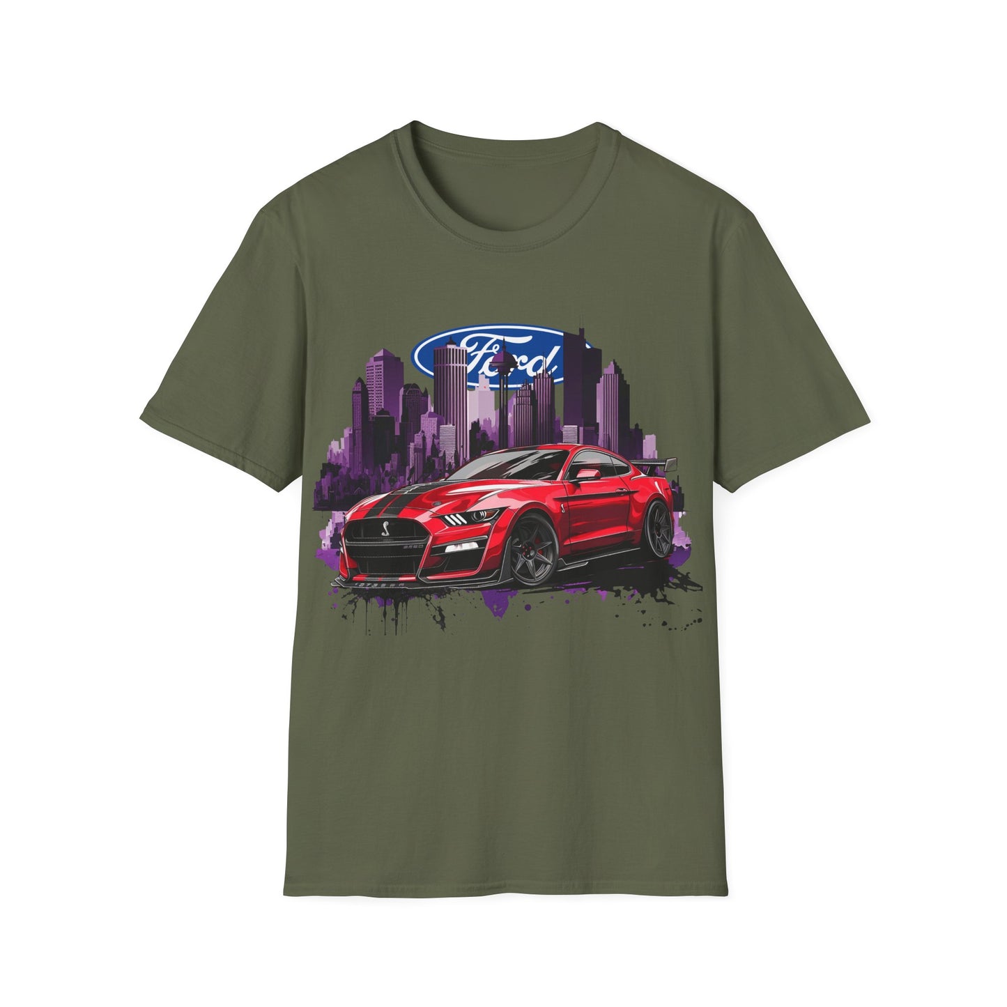 Ford Mustang Graphic T‑Shirt — Red Sports Car Cityscape Racing Tee