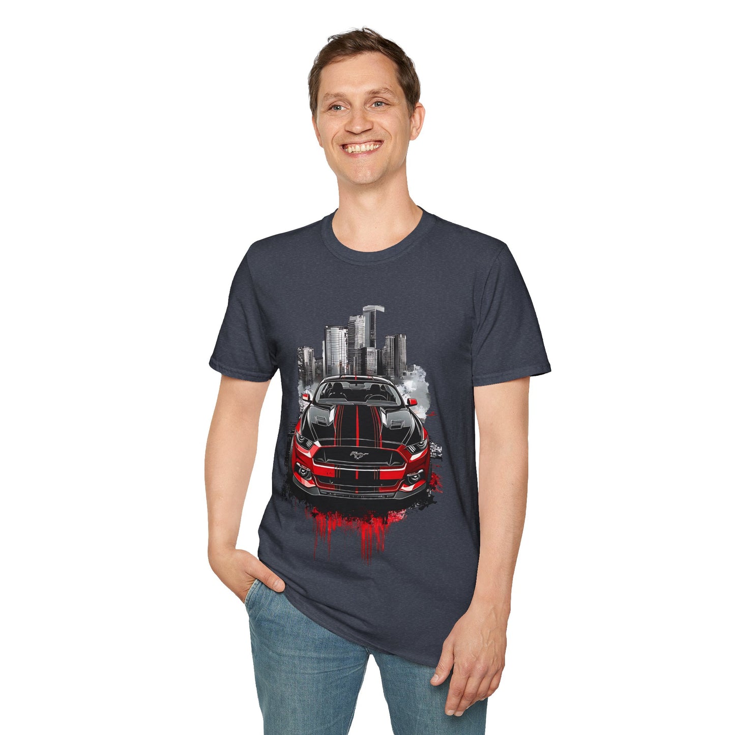 Mustang Car Cityscape T‑Shirt — Red Mustang Front Graphic