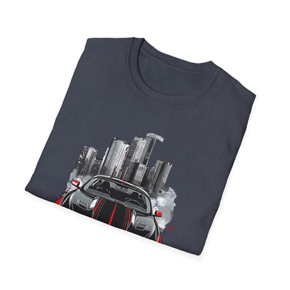 Mustang Car Cityscape T‑Shirt — Red Mustang Front Graphic