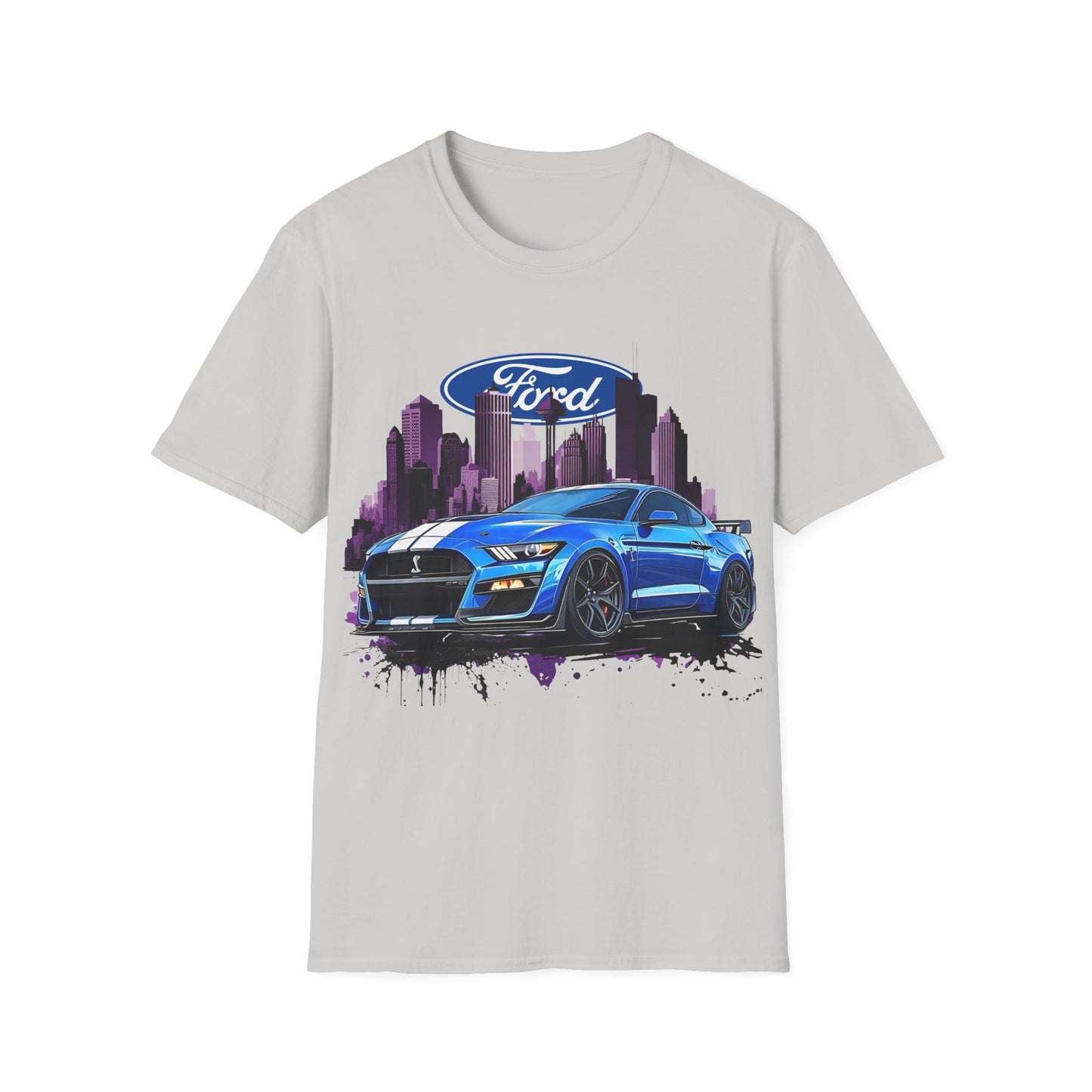 Ford Mustang Graphic T-Shirt — Blue Muscle Car Cityscape Tee