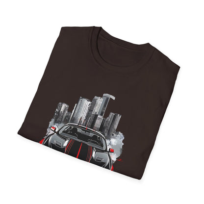 Mustang Car Cityscape T‑Shirt — Red Mustang Front Graphic