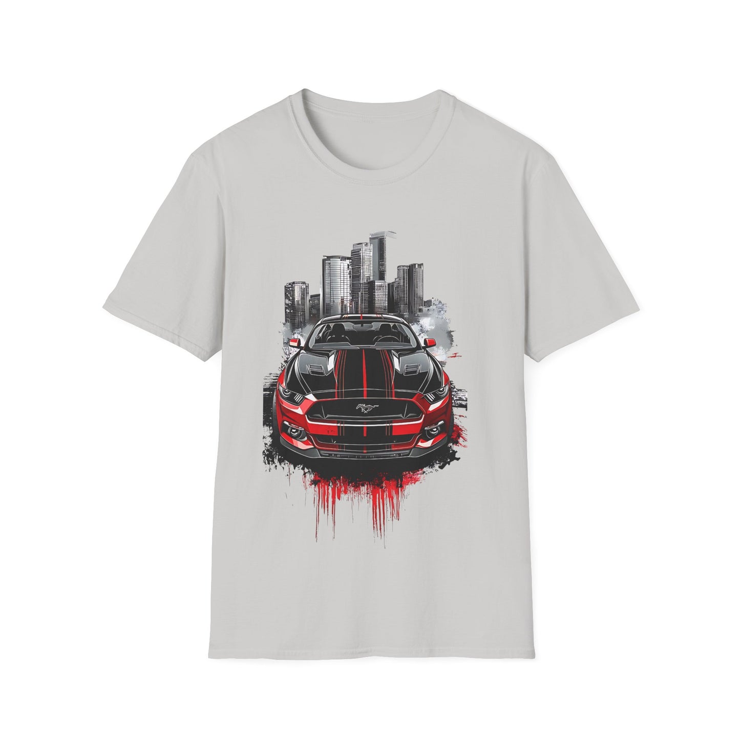 Mustang Car Cityscape T‑Shirt — Red Mustang Front Graphic