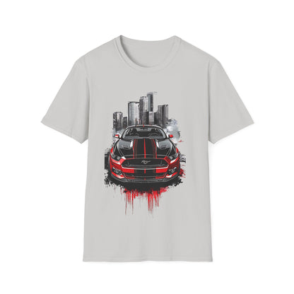 Mustang Car Cityscape T‑Shirt — Red Mustang Front Graphic