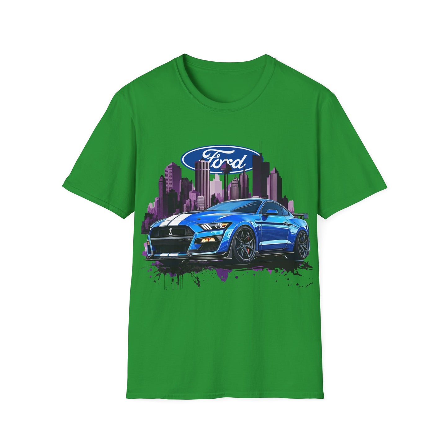 Ford Mustang Graphic T-Shirt — Blue Muscle Car Cityscape Tee