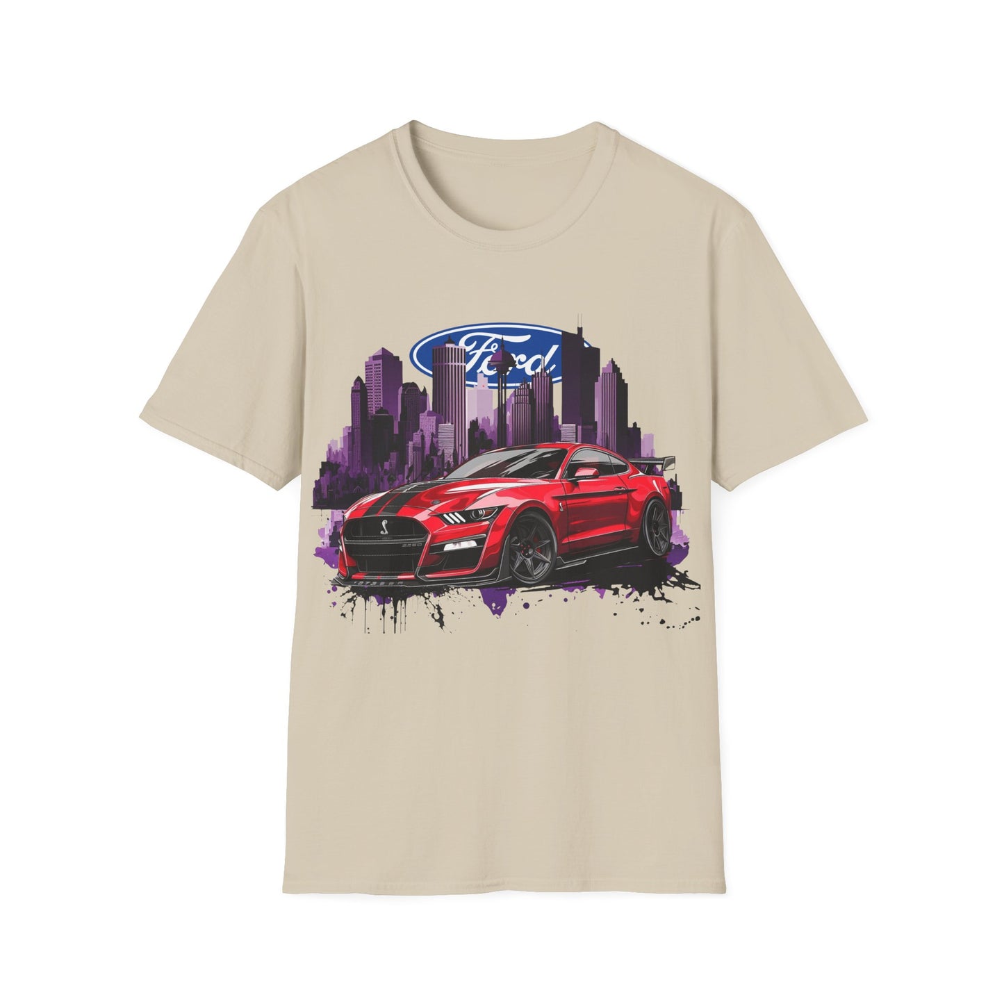 Ford Mustang Graphic T‑Shirt — Red Sports Car Cityscape Racing Tee