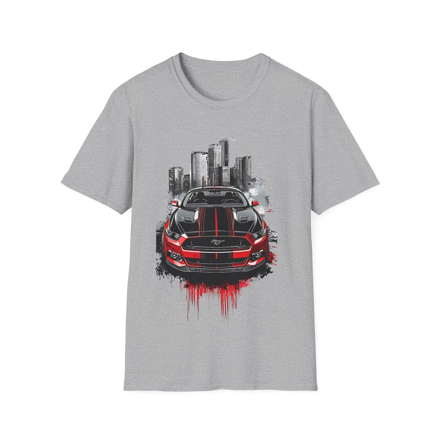Mustang Car Cityscape T‑Shirt — Red Mustang Front Graphic