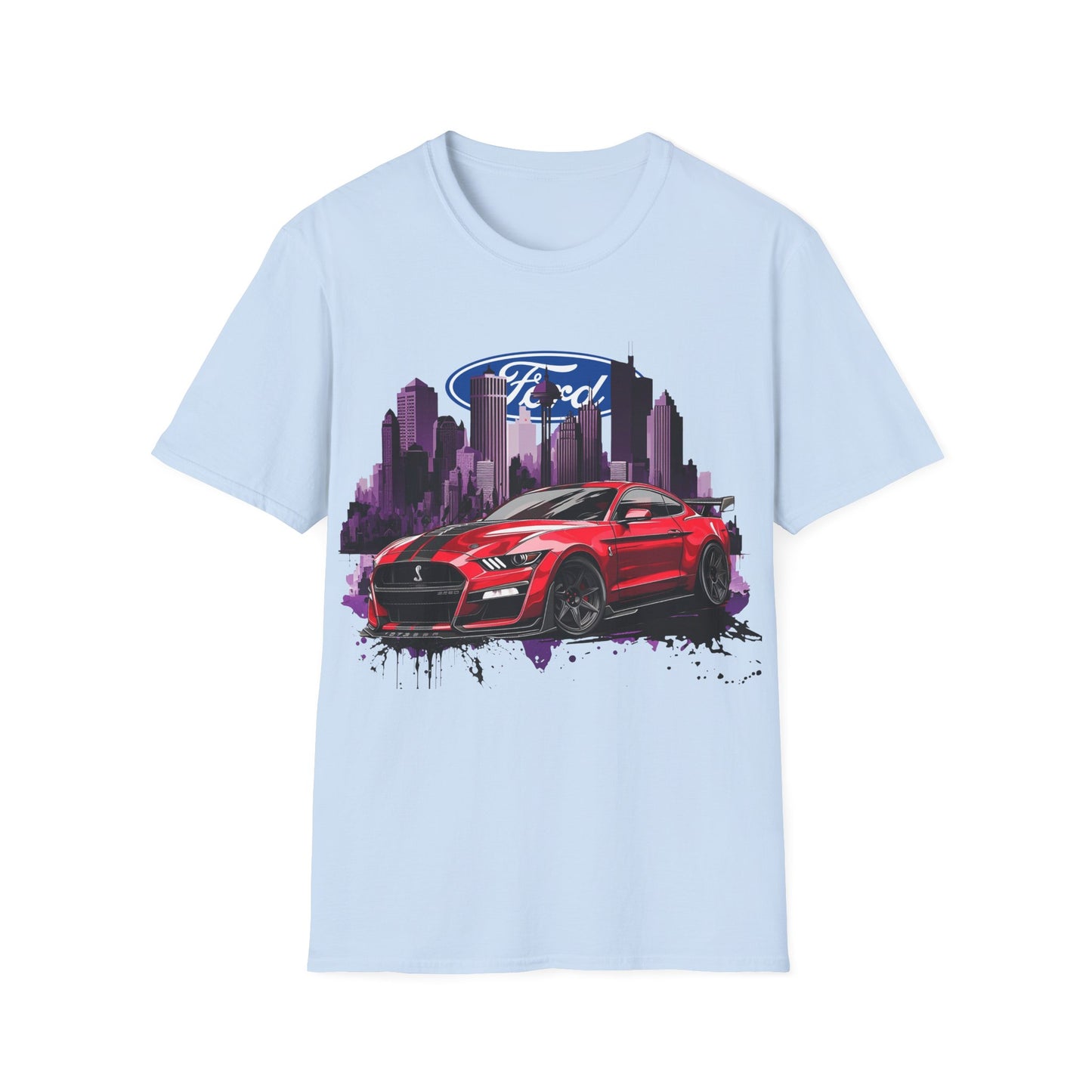 Ford Mustang Graphic T‑Shirt — Red Sports Car Cityscape Racing Tee