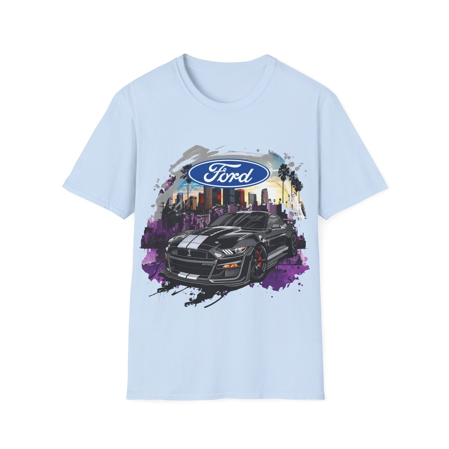 Ford Mustang Graphic T‑Shirt — Black Muscle Car Cityscape Design