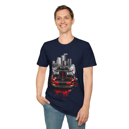 Mustang Car Cityscape T‑Shirt — Red Mustang Front Graphic