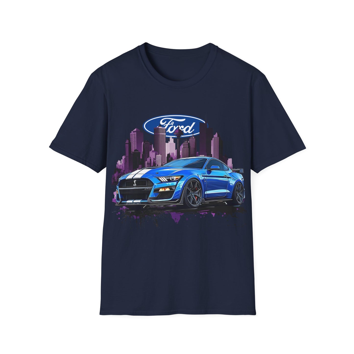 Ford Mustang Graphic T-Shirt — Blue Muscle Car Cityscape Tee