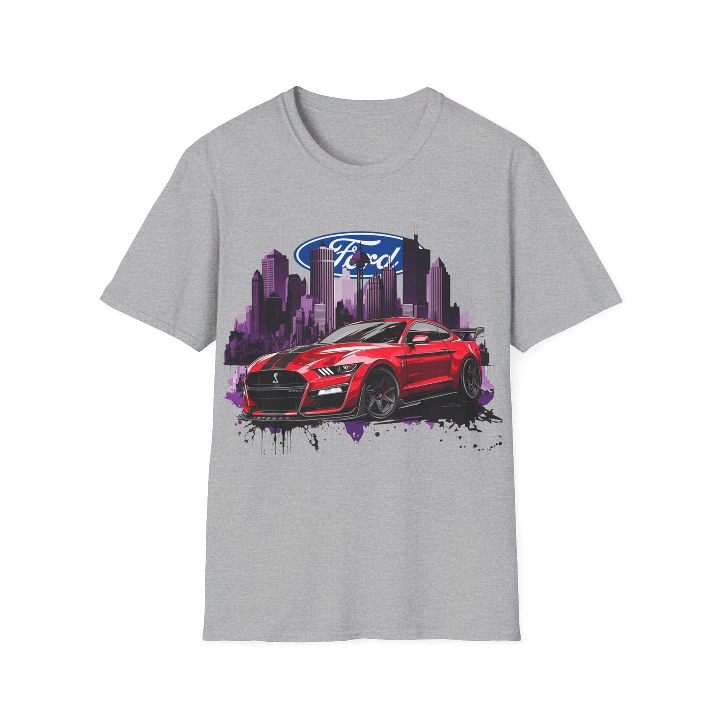 Ford Mustang Graphic T‑Shirt — Red Sports Car Cityscape Racing Tee