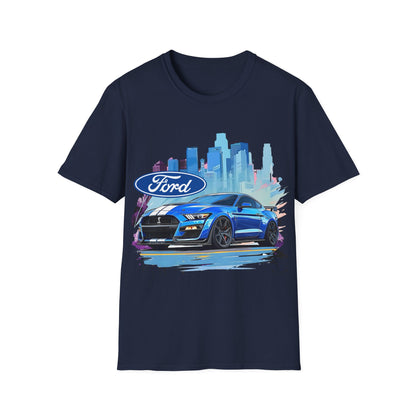 Ford Mustang Blue Sports Car T-Shirt — City Skyline Automotive Tee