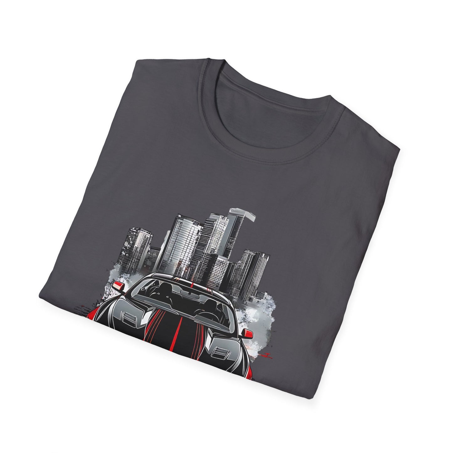 Mustang Car Cityscape T‑Shirt — Red Mustang Front Graphic