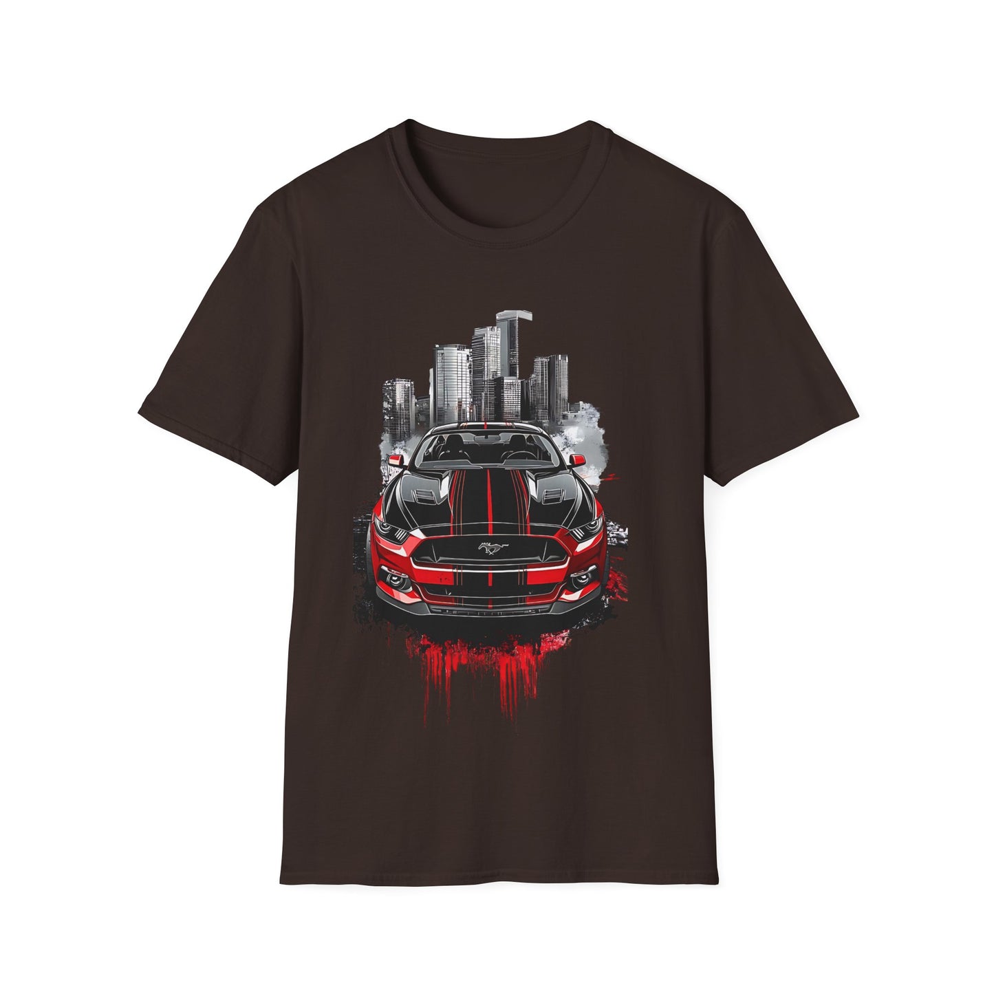 Mustang Car Cityscape T‑Shirt — Red Mustang Front Graphic
