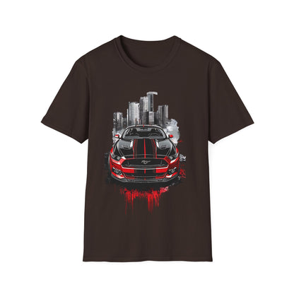 Mustang Car Cityscape T‑Shirt — Red Mustang Front Graphic