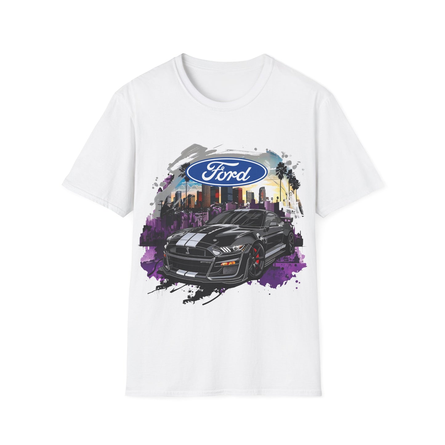 Ford Mustang Graphic T‑Shirt — Black Muscle Car Cityscape Design