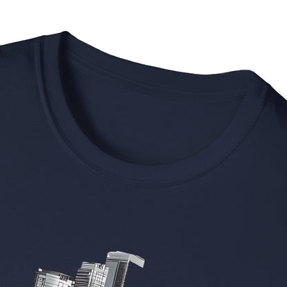 Mustang Car Cityscape T‑Shirt — Red Mustang Front Graphic