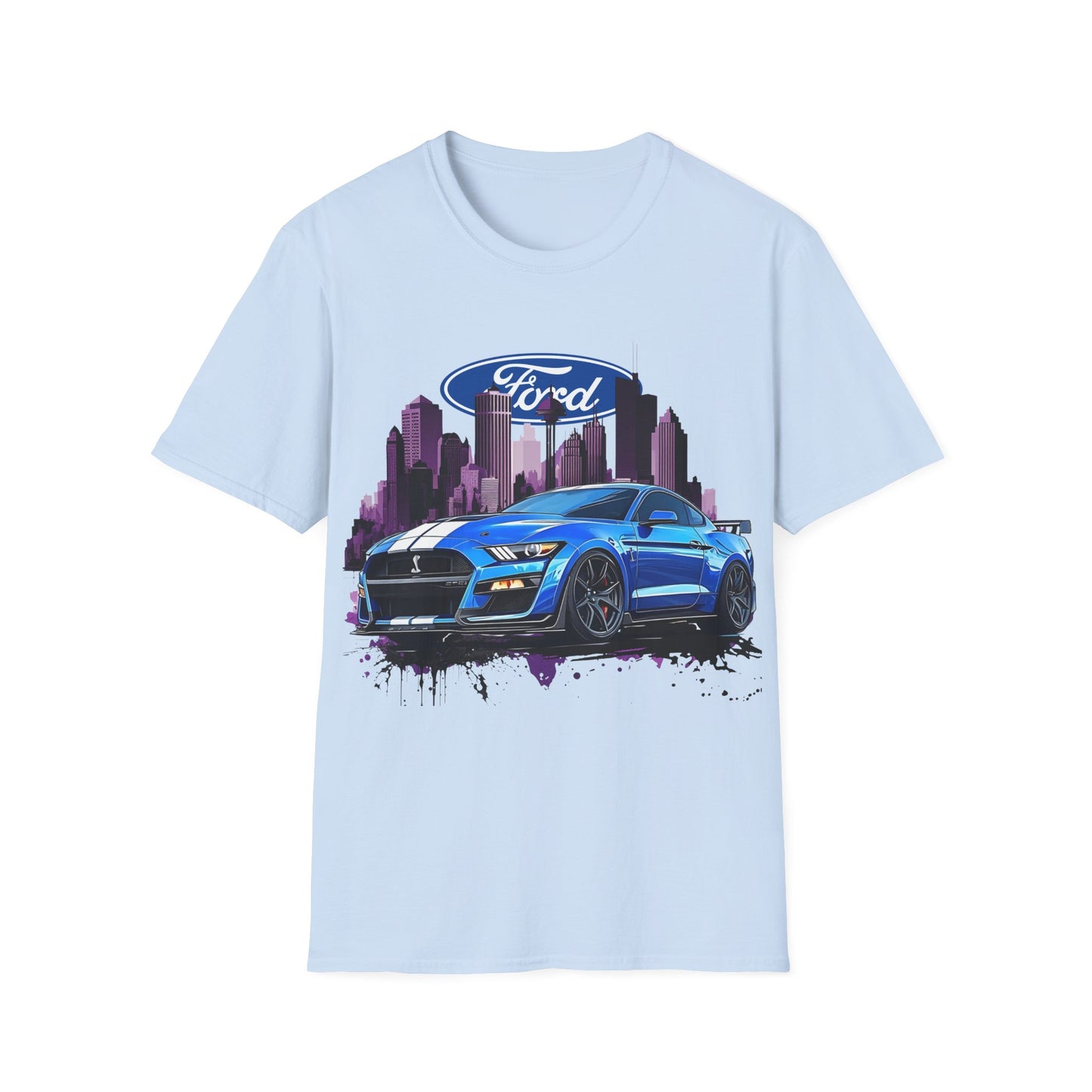 Ford Mustang Graphic T-Shirt — Blue Muscle Car Cityscape Tee