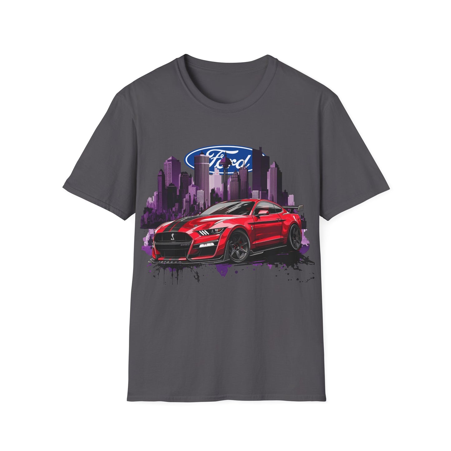 Ford Mustang Graphic T‑Shirt — Red Sports Car Cityscape Racing Tee