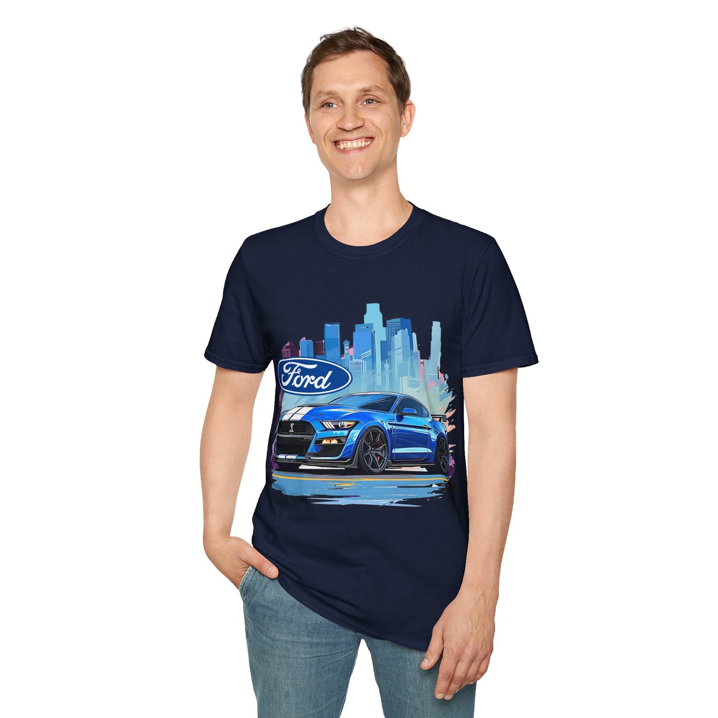 Ford Mustang Blue Sports Car T-Shirt — City Skyline Automotive Tee