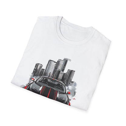 Mustang Car Cityscape T‑Shirt — Red Mustang Front Graphic