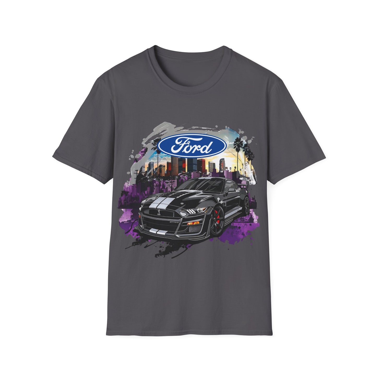 Ford Mustang Graphic T‑Shirt — Black Muscle Car Cityscape Design