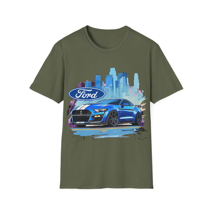 Ford Mustang Blue Sports Car T-Shirt — City Skyline Automotive Tee