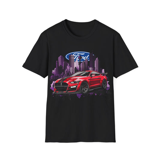 Ford Mustang Graphic T‑Shirt — Red Sports Car Cityscape Racing Tee