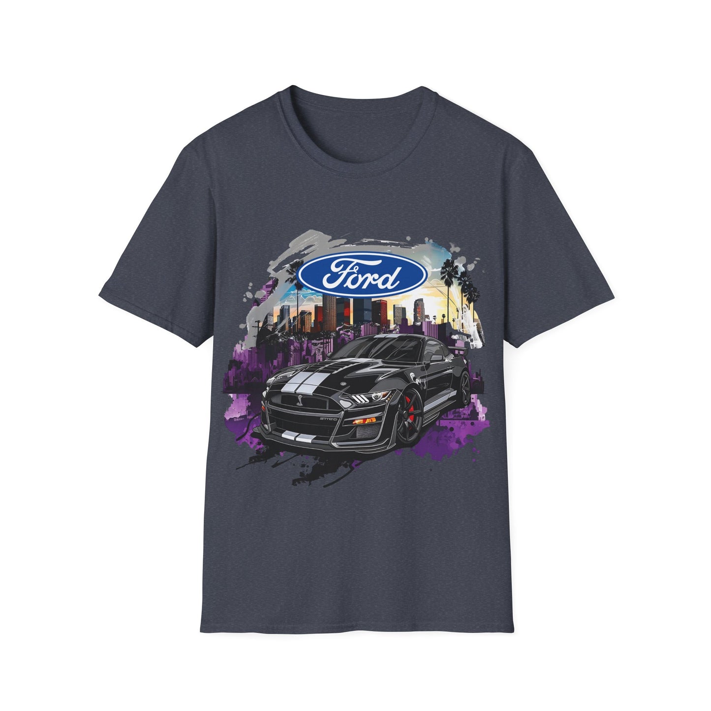Ford Mustang Graphic T‑Shirt — Black Muscle Car Cityscape Design