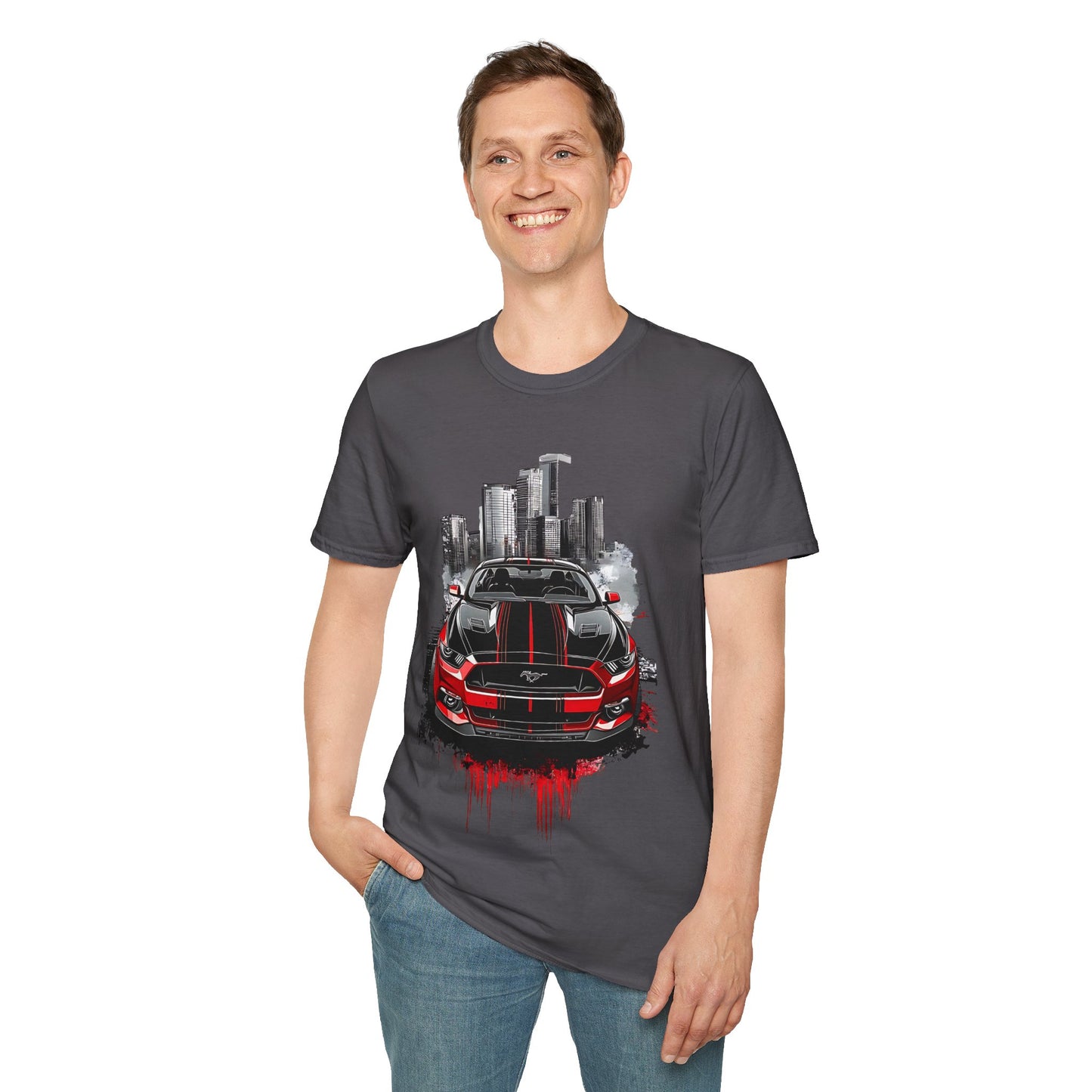 Mustang Car Cityscape T‑Shirt — Red Mustang Front Graphic