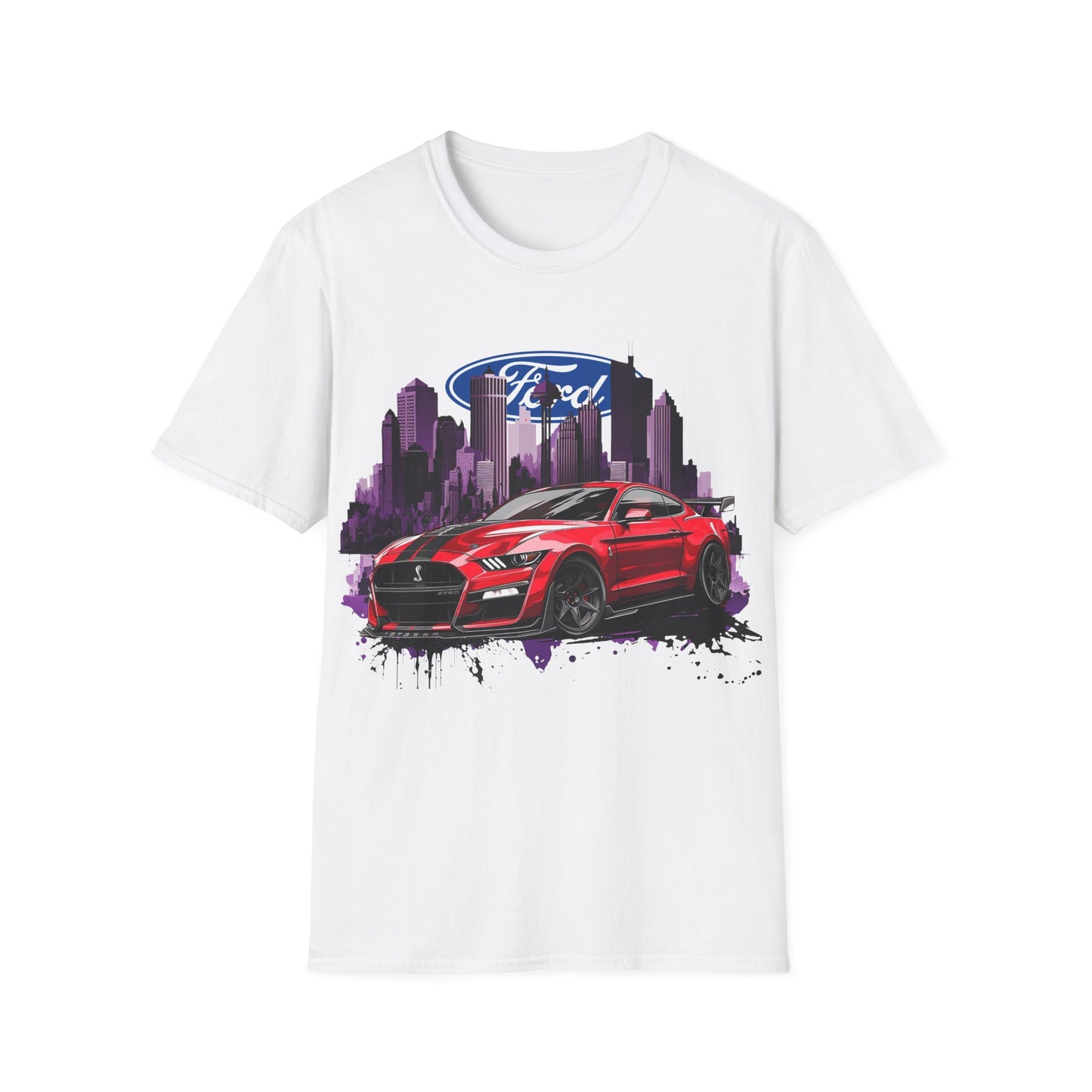 Ford Mustang Graphic T‑Shirt — Red Sports Car Cityscape Racing Tee