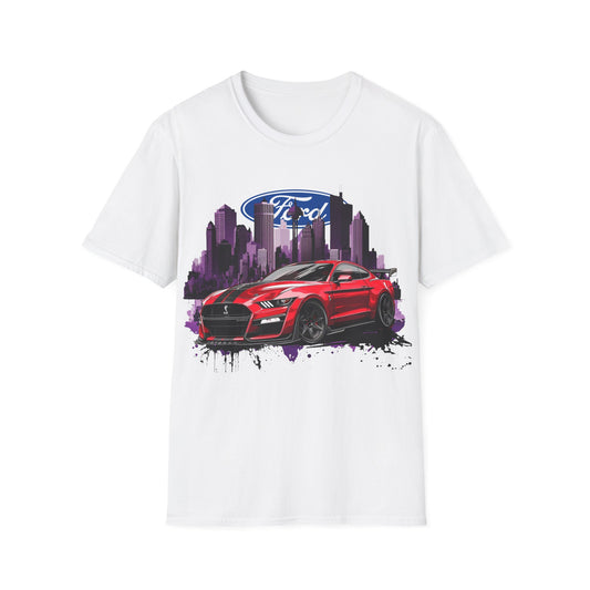 Ford Mustang Graphic T‑Shirt — Red Sports Car Cityscape Racing Tee