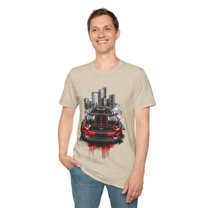 Mustang Car Cityscape T‑Shirt — Red Mustang Front Graphic