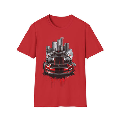 Mustang Car Cityscape T‑Shirt — Red Mustang Front Graphic