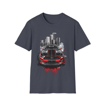 Mustang Car Cityscape T‑Shirt — Red Mustang Front Graphic