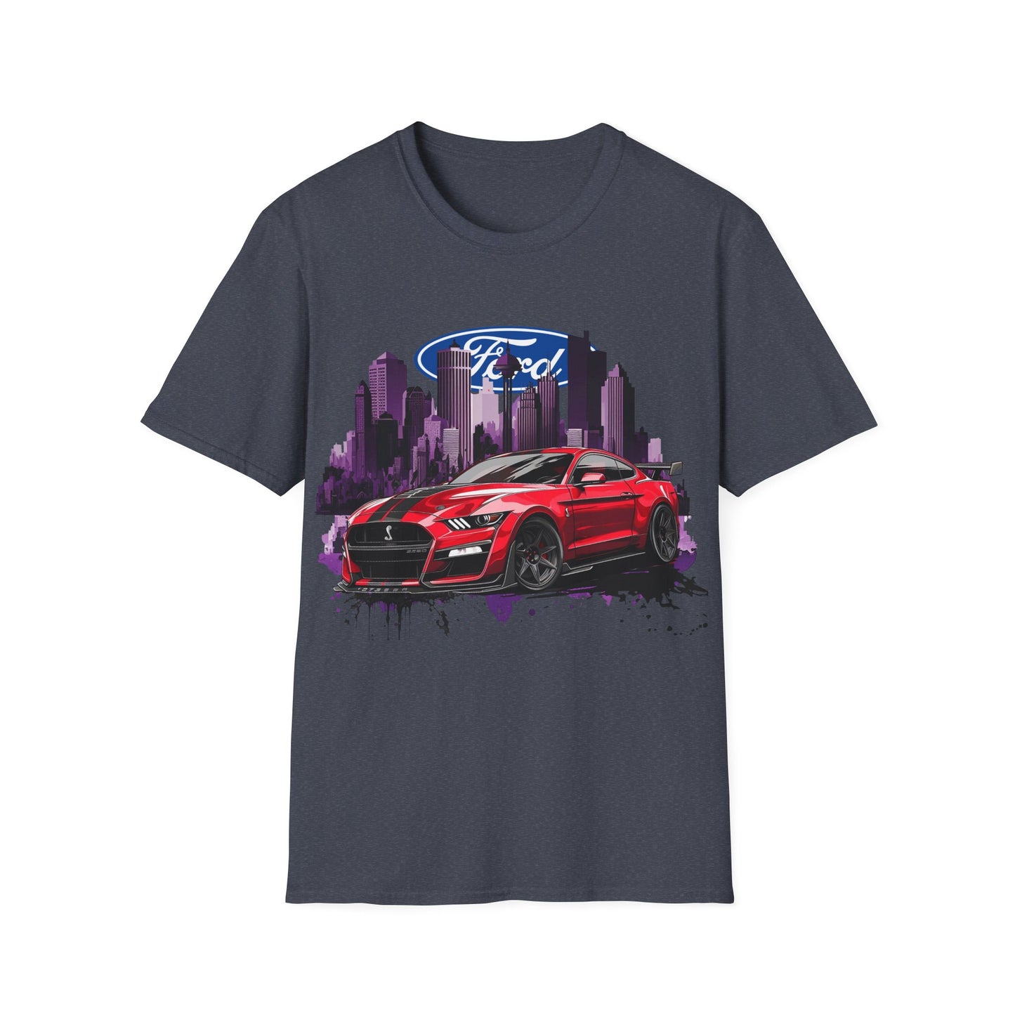 Ford Mustang Graphic T‑Shirt — Red Sports Car Cityscape Racing Tee