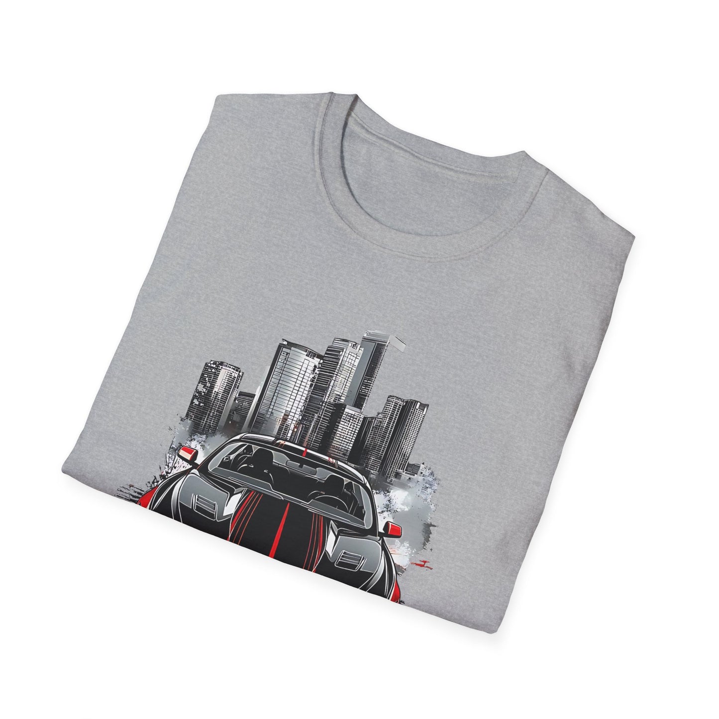 Mustang Car Cityscape T‑Shirt — Red Mustang Front Graphic