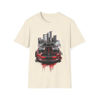 Mustang Car Cityscape T‑Shirt — Red Mustang Front Graphic