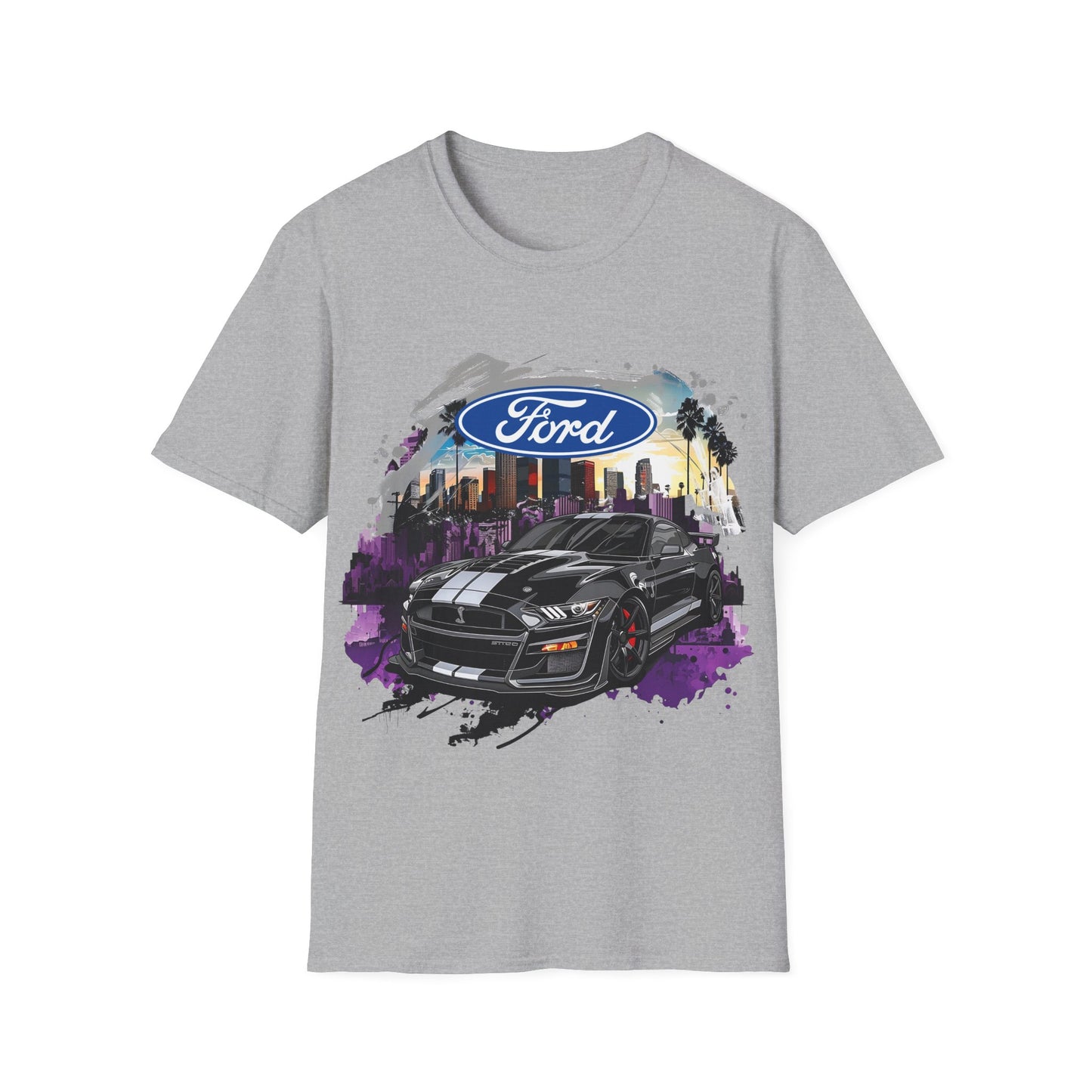 Ford Mustang Graphic T‑Shirt — Black Muscle Car Cityscape Design