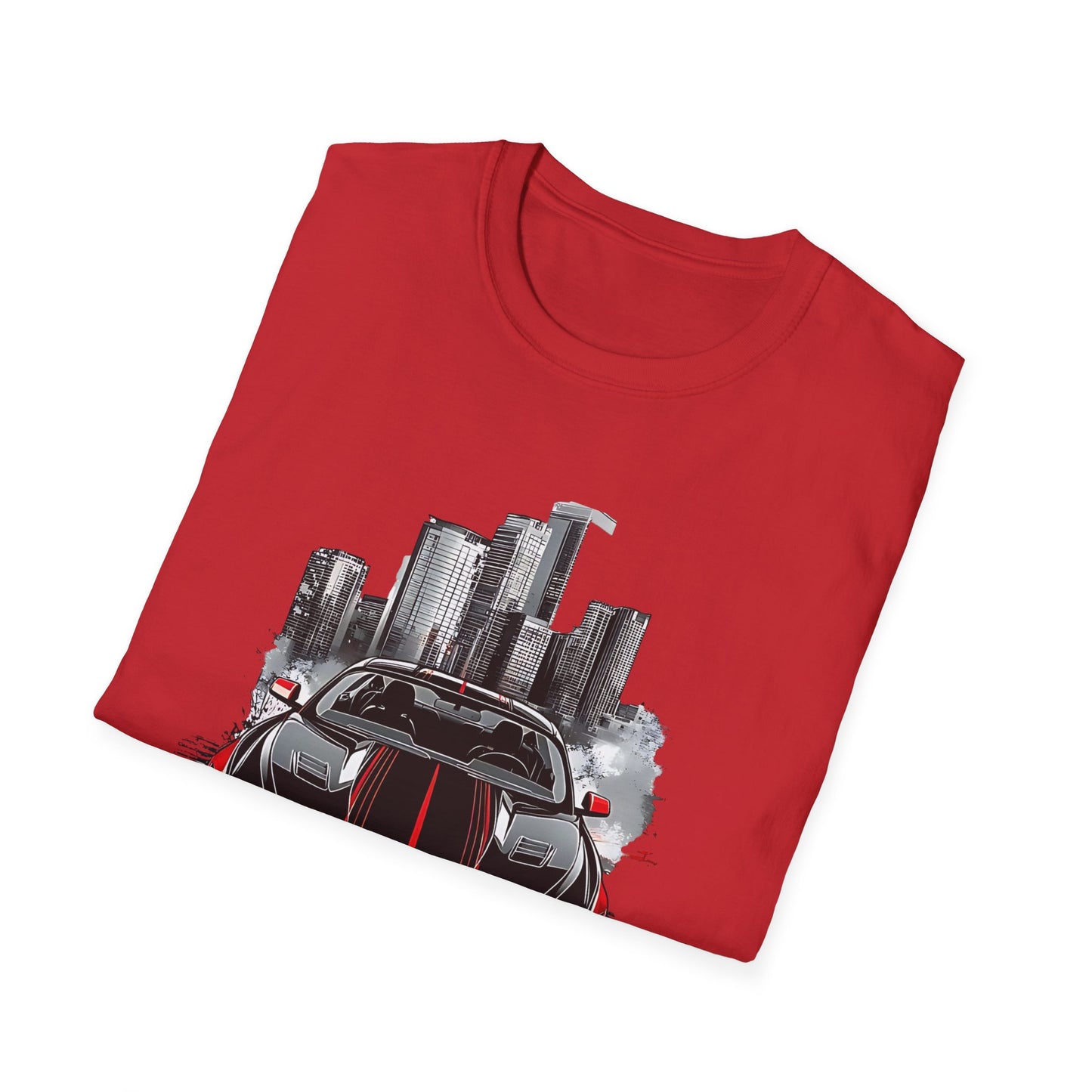 Mustang Car Cityscape T‑Shirt — Red Mustang Front Graphic