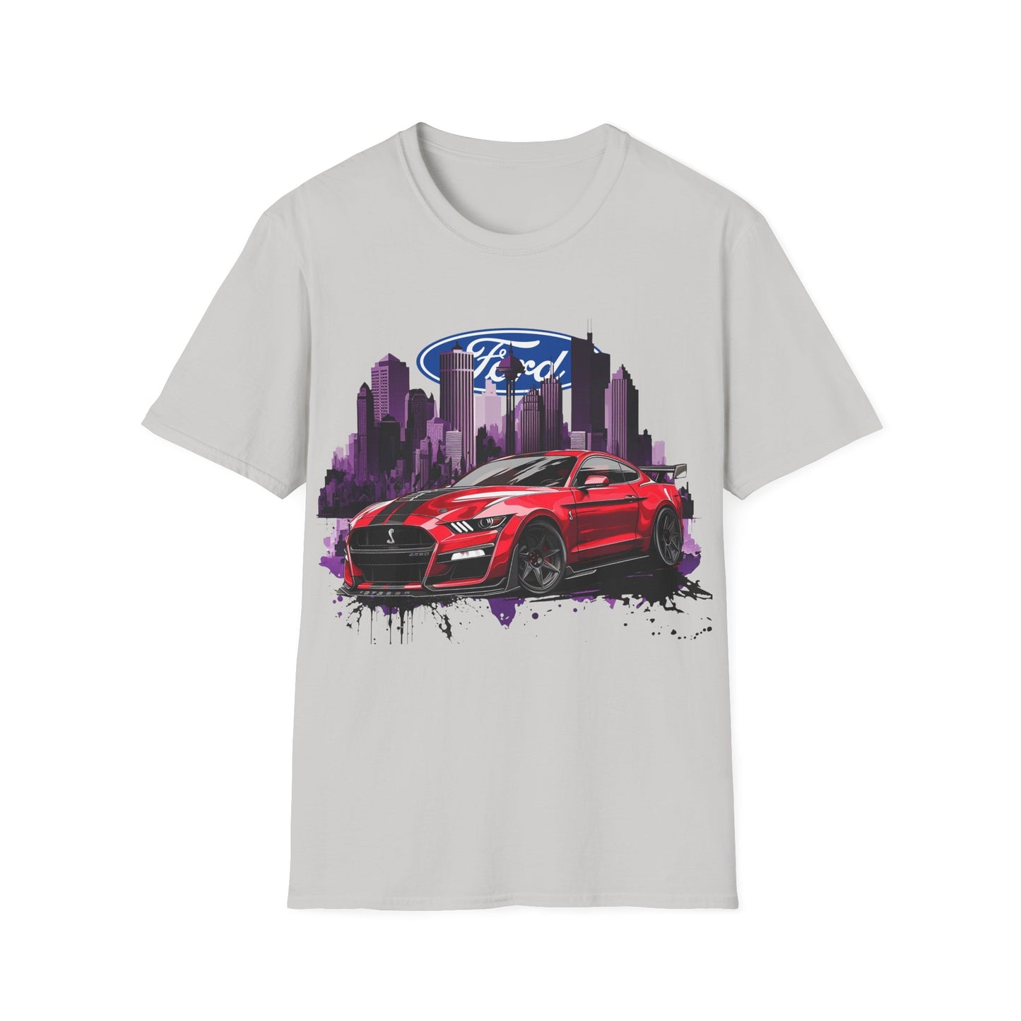 Ford Mustang Graphic T‑Shirt — Red Sports Car Cityscape Racing Tee