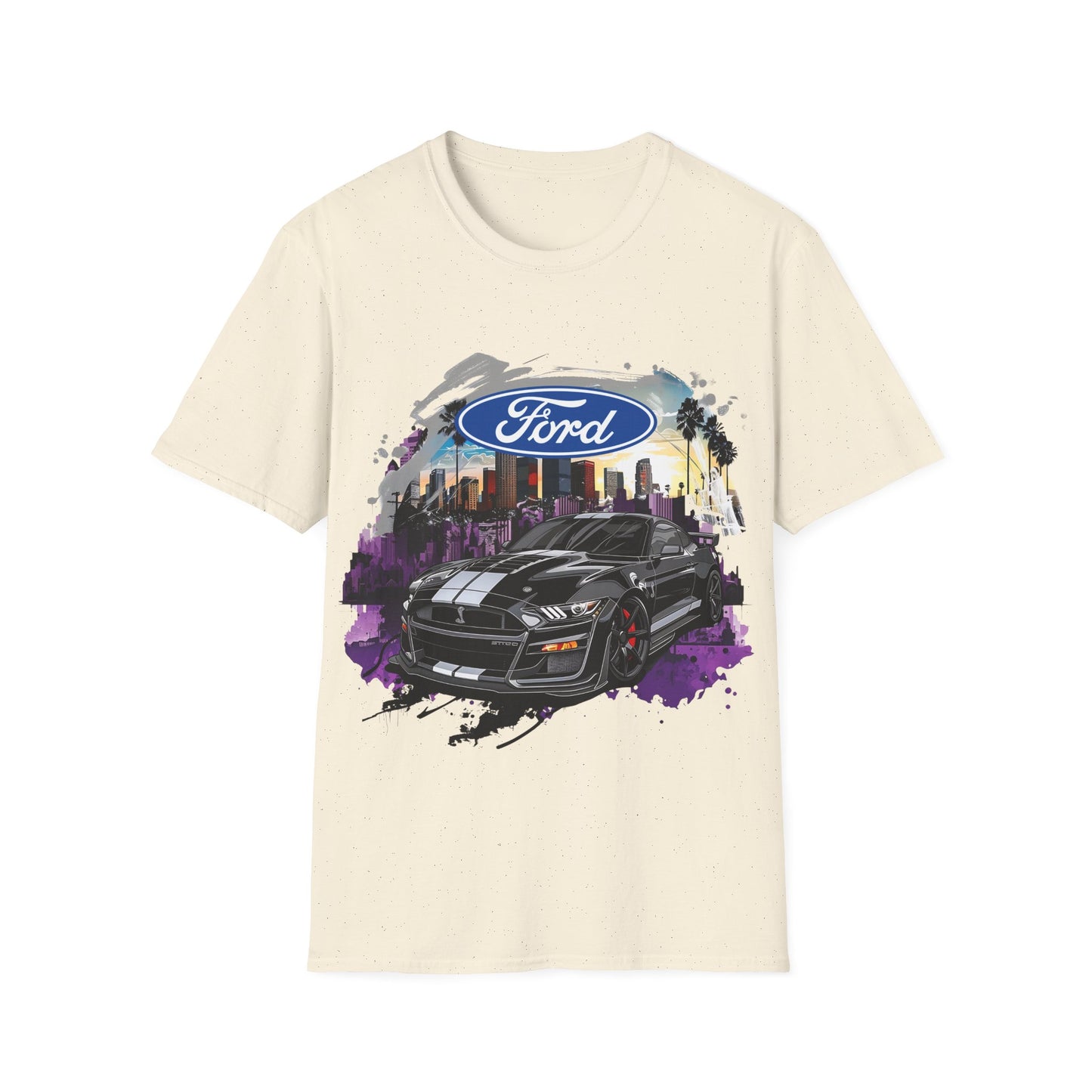 Ford Mustang Graphic T‑Shirt — Black Muscle Car Cityscape Design