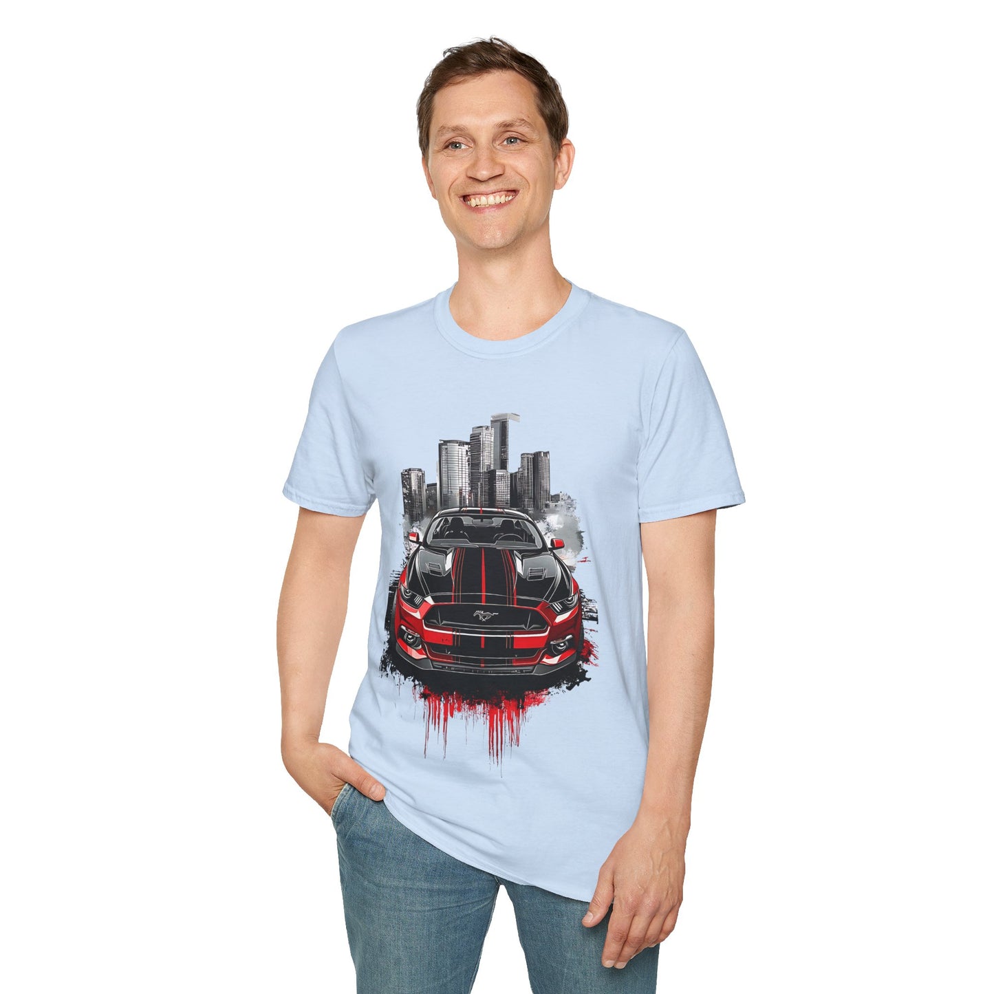 Mustang Car Cityscape T‑Shirt — Red Mustang Front Graphic