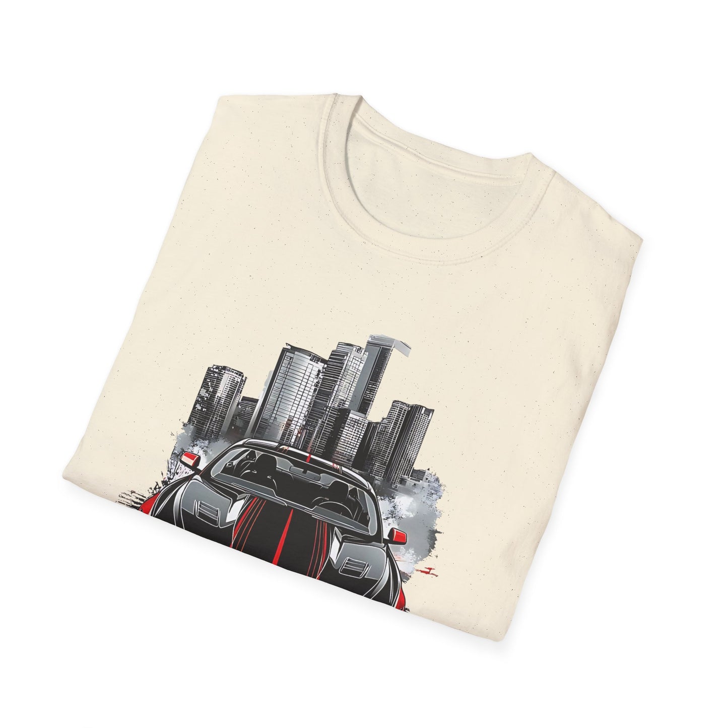 Mustang Car Cityscape T‑Shirt — Red Mustang Front Graphic