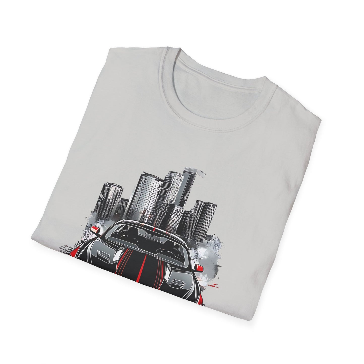 Mustang Car Cityscape T‑Shirt — Red Mustang Front Graphic